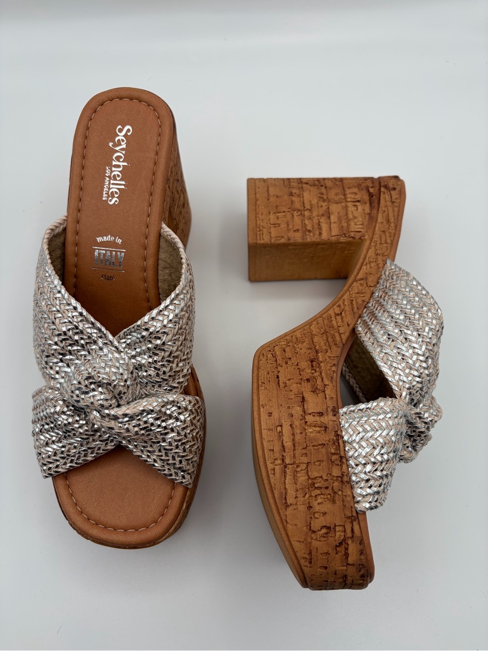 Seychelles Adorned Anthropologie Silver Raffia Platform Slide Sandals Size 10